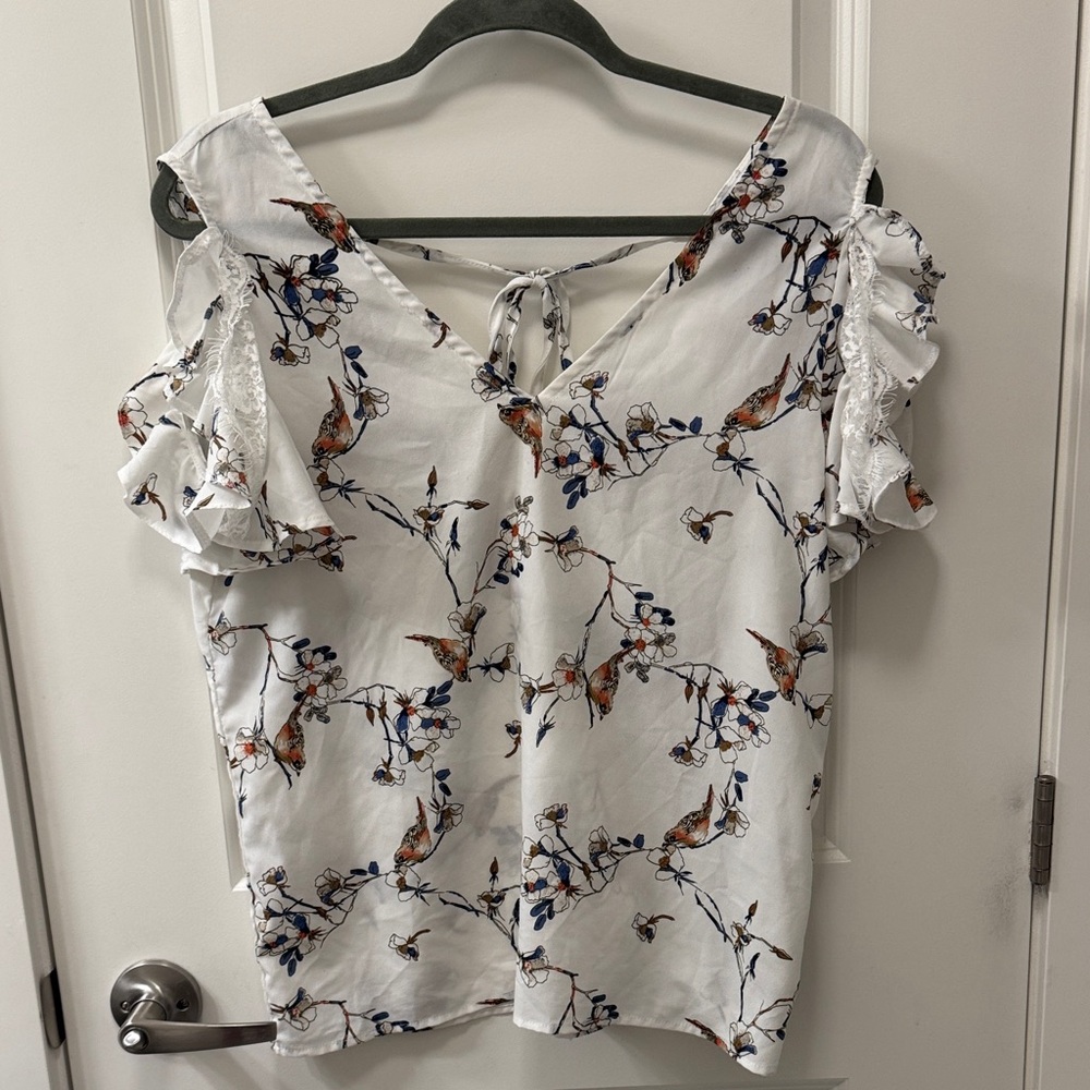 Axara Paris Floral V-Neck Blouse with Back Ties,Ruffle Lace Trim Open Shoulder